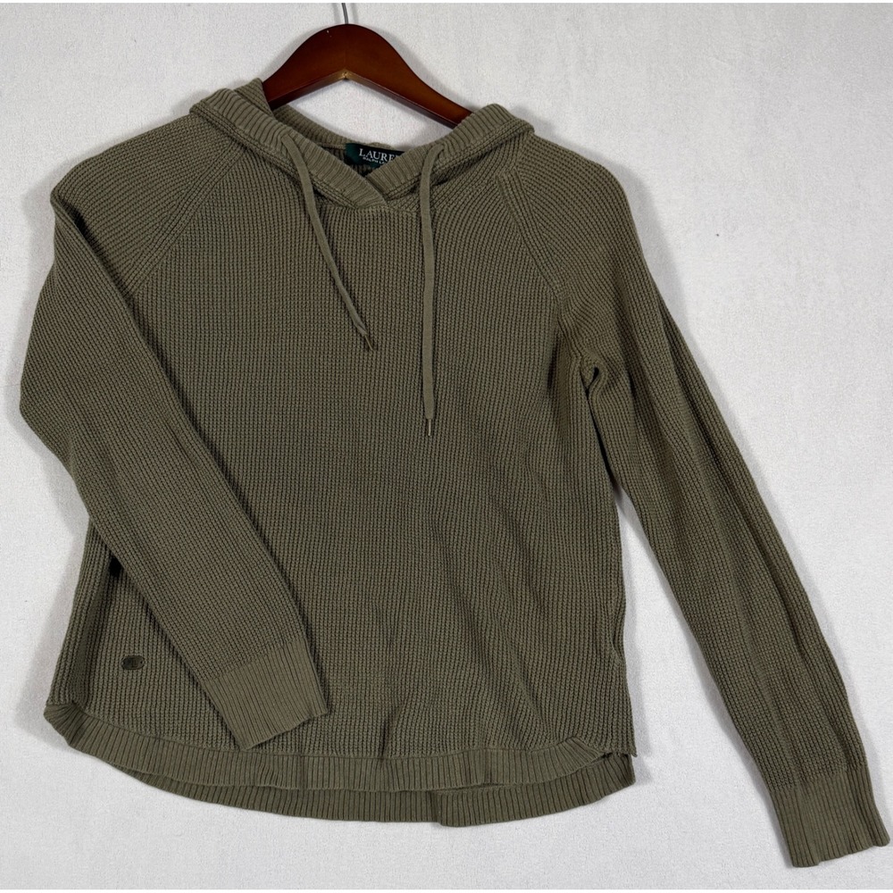 Lauren Ralph Lauren Olive Green Cotton Shaker Stitch Hooded Sweater Small